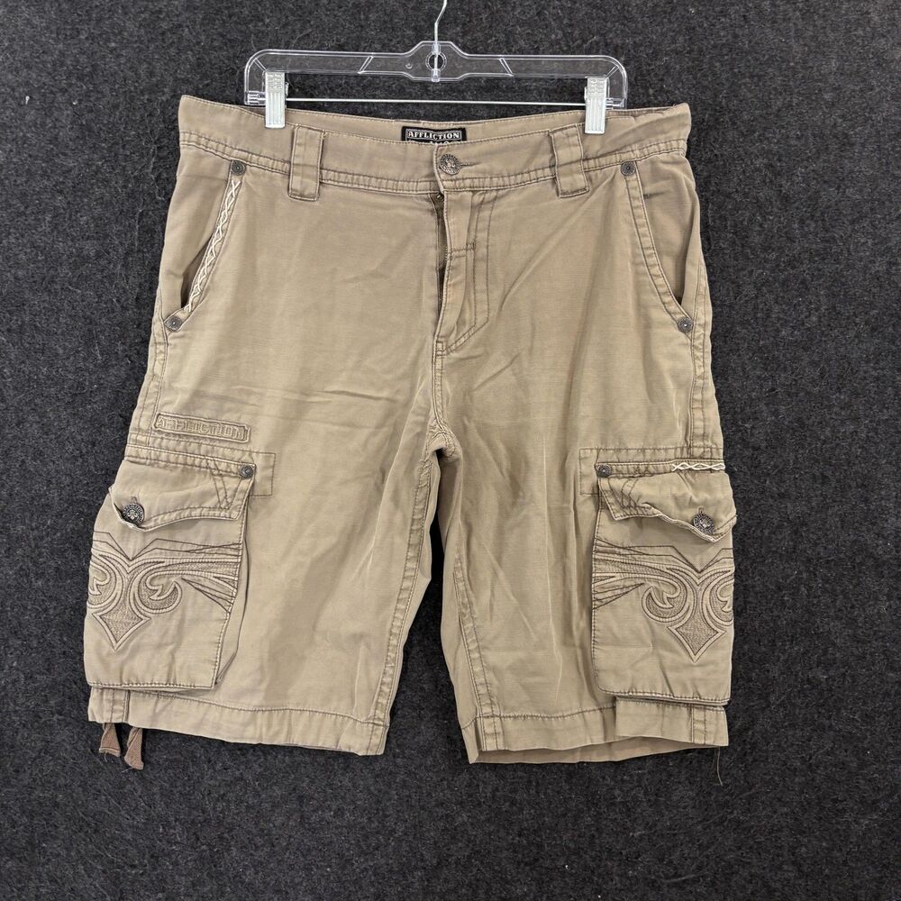 Vintage Affliction Cargo Shorts Men's 34 Khaki 12" Embroidered Pocket Canvas